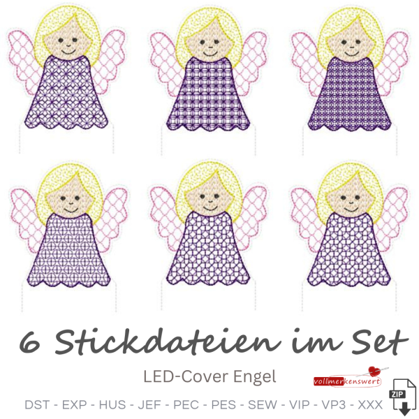 6 ITH-Stickdateien Engel LED-Cover für 10 x 10 cm Stickrahmen Schutzengel Set 3